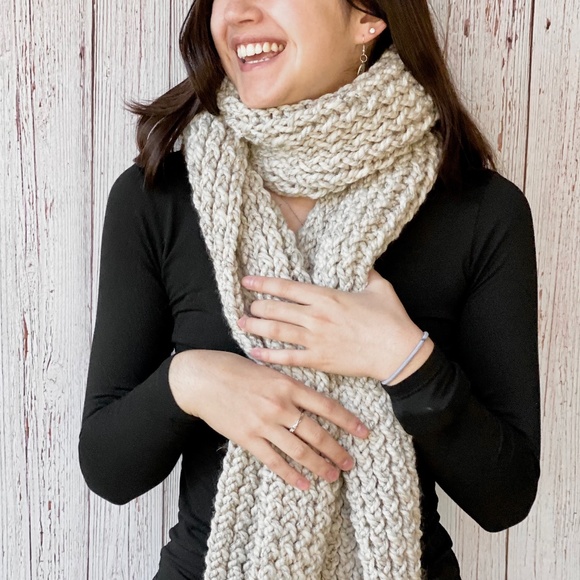 Chunky Cream Wheat Knitted Wool Scarf Long - Picture 1 of 8